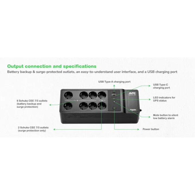 APC Back-UPS BE1050G2-GR - 1050VA (600W) UPS - 8 Outlets, USB-A & USB-C, 230V, Wall/Floor-Mount — image 5