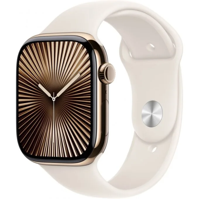 Apple Watch Series 10 - GPS + Cellular - 46mm Gold Titanium Case, Starlight Sport Band — image 1