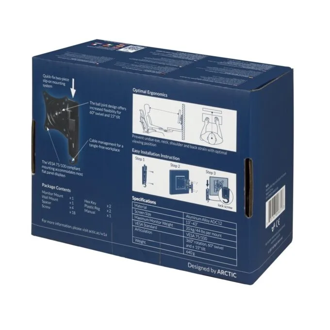 Arctic W1A Monitor Wall Mount - VESA 75/100, Single Arm, 20kg — image 9