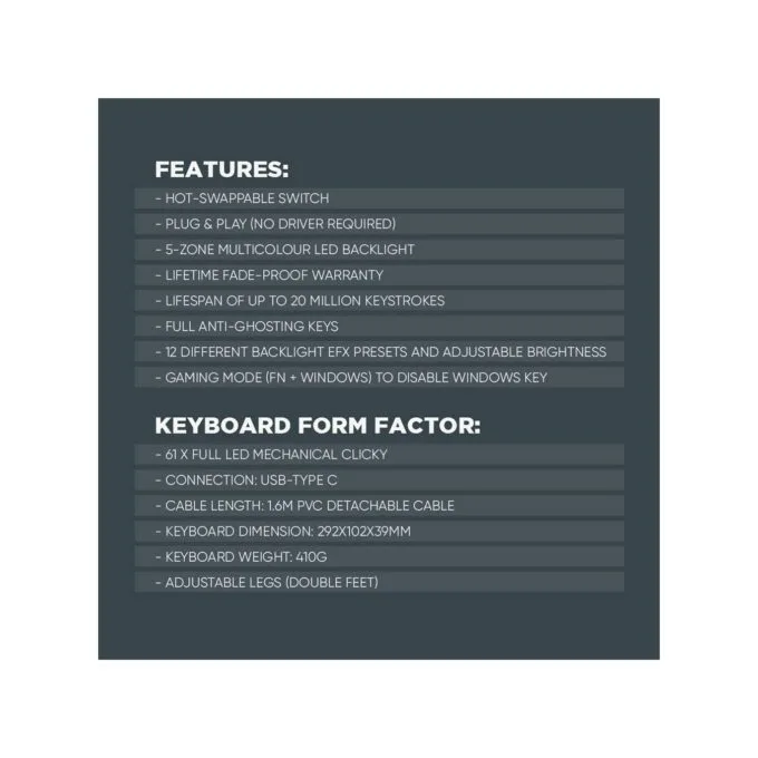 Armaggeddon MKA-1C NEX Black 61-Key Tactile Brown Mechanical Gaming Keyboard — image 10