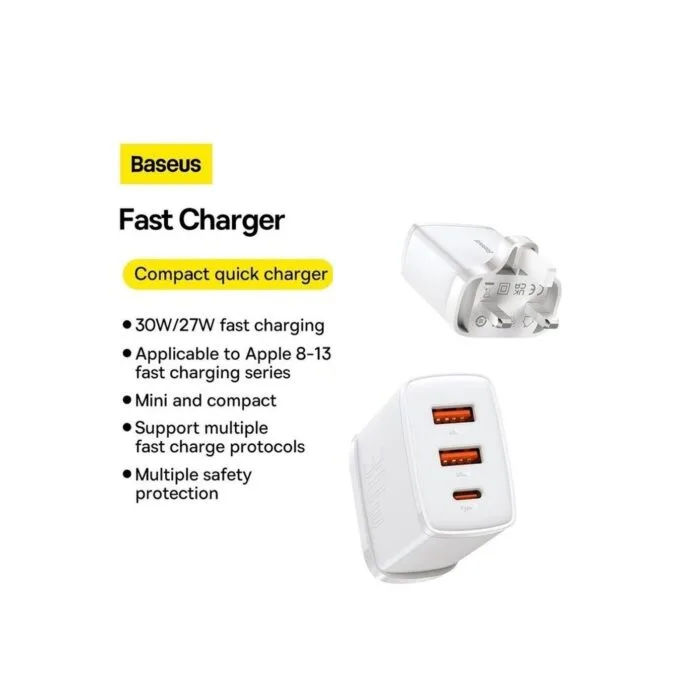 Baseus Wall Charger - 30W USB-C 2xUSB-A - UK White — image 3