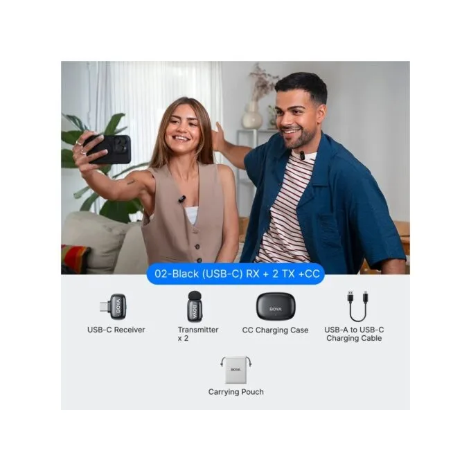 BOYA Type-C Wireless AI-ANC Mic - mini 2 - 2.4GHz, 2mic, w/ Charging Box Mono stereo safety-track — image 1