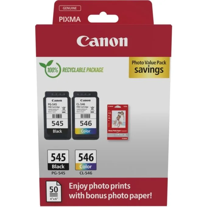 Canon Ink PG-545 CL-546 2-pack Multipack (BK Color) incl. Photo Paper - 8287B008 - 2-pack Multipack (BK Color) incl. Photo Paper — image 1