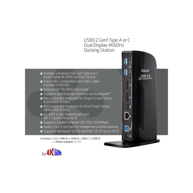 Club3D 4K Docking Station 60Hz USB3 - 6x USB3 2x DP LAN Audio Black — image 4