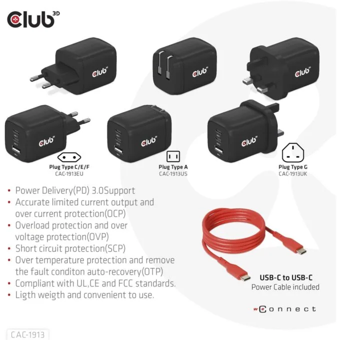 Club3D Charger - 2x USB-C, 1x USB-A, PD 65W, GaN, Retail — image 13