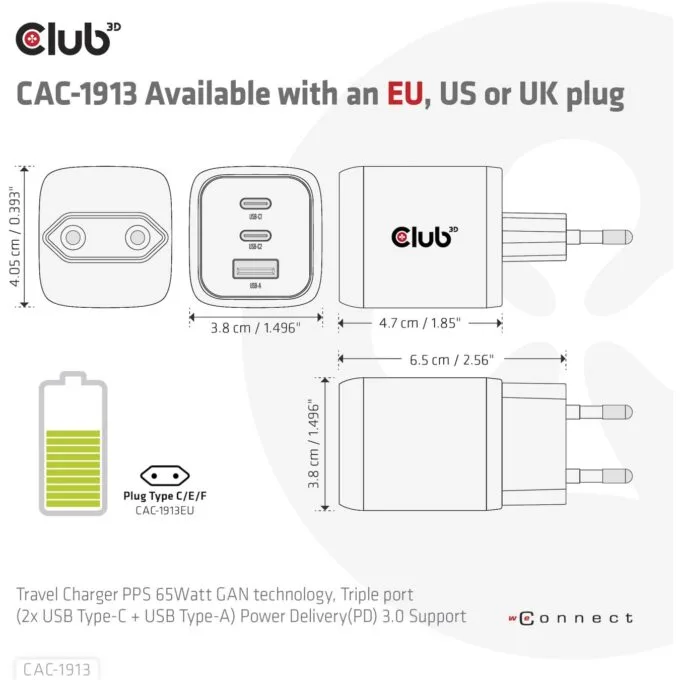 Club3D Charger - 2x USB-C, 1x USB-A, PD 65W, GaN, Retail — image 3