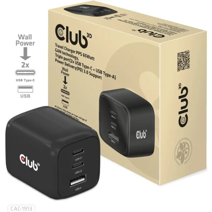 Club3D Charger - 2x USB-C, 1x USB-A, PD 65W, GaN, Retail — image 10