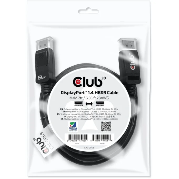 Club3D DisplayPort Cable - 1.4 HBR3 32.4Gb s 2m 8K60Hz St St Polybag — image 2
