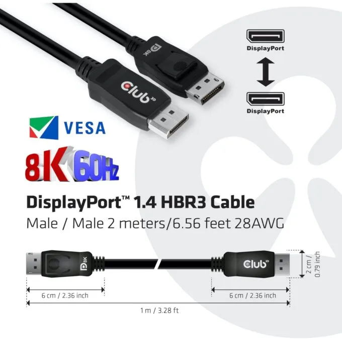 Club3D DisplayPort Cable - 1.4 HBR3 32.4Gb s 2m 8K60Hz St St Polybag — image 7