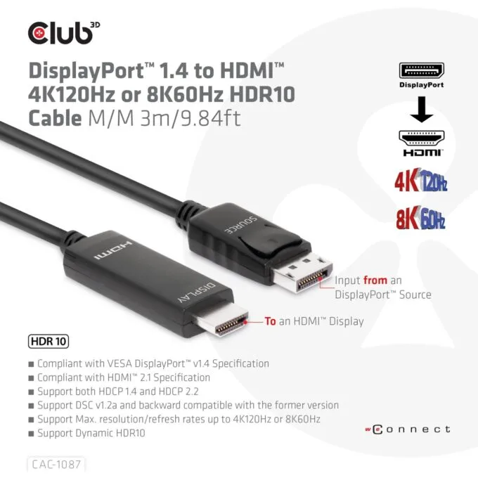 Club3D DisplayPort Cable - DisplayPort 1.4 to HDMI HDR 8K60Hz active 3m — image 3