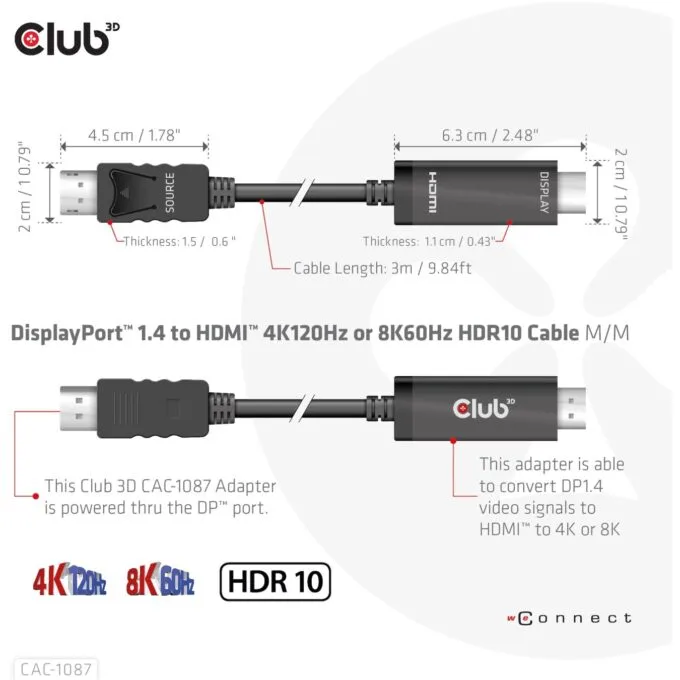 Club3D DisplayPort Cable - DisplayPort 1.4 to HDMI HDR 8K60Hz active 3m — image 4