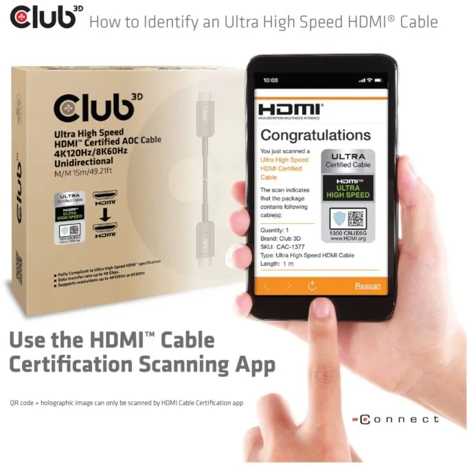 Club3D HDMI Cable A to A - 2.1 Active Optical - 8K60Hz UHD - 15 m Retail — image 8