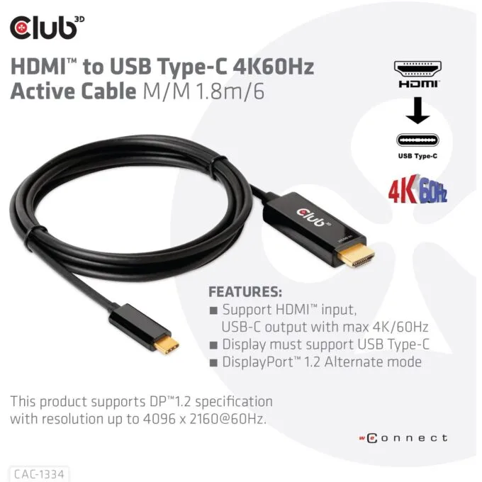 Club3D HDMI Cable A - to USB-C active 4K60Hz 1.8m retail — image 3