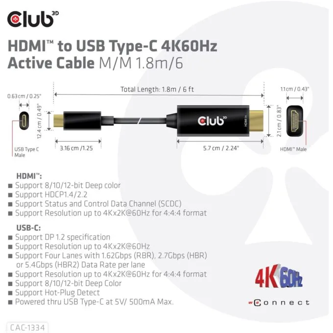 Club3D HDMI Cable A - to USB-C active 4K60Hz 1.8m retail — image 4
