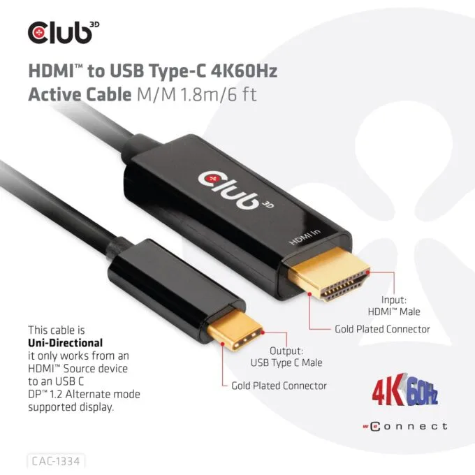 Club3D HDMI Cable A - to USB-C active 4K60Hz 1.8m retail — image 6