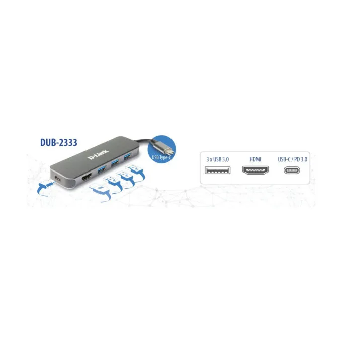 D-Link 5-in-1 USB-C Hub - DUB-2333 - HDMI 4K, 60W Power Delivery, 3x USB-A, USB-C, Grey — image 3