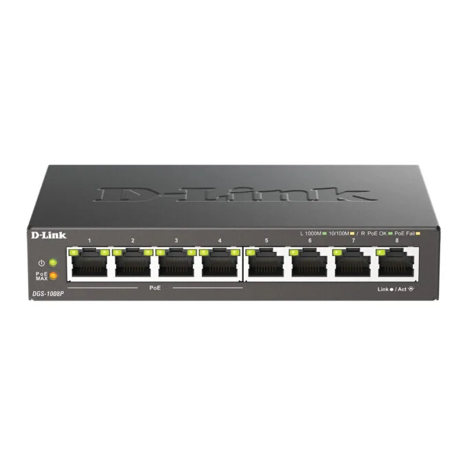 D-Link DGS-1008P - 8-Port Gigabit PoE+ Unmanaged Switch - Black Metal Desktop, 4 PoE+ Ports, 60W Budget — image 1