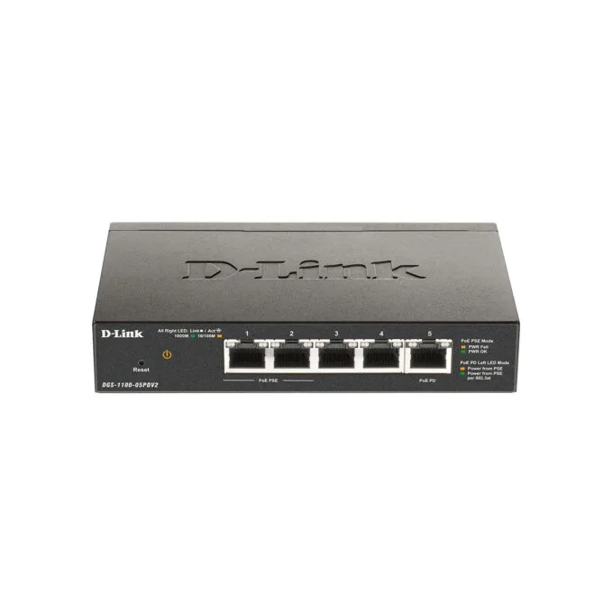 D-Link DGS-1100-05PDV2 - 5-Port Gigabit Smart PoE Switch (2 PoE ports, 18W/port) - Black — image 1