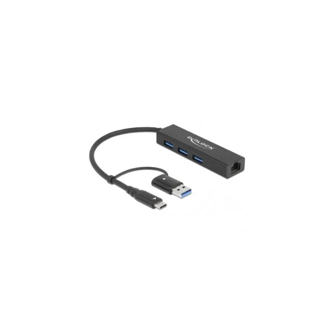 DELOCK 3-Port USB 3.2 Gen 1 Hub + Gigabit LAN with USB-C or USB-A Host - 3 Downstream USB, 1 GbE — image 1