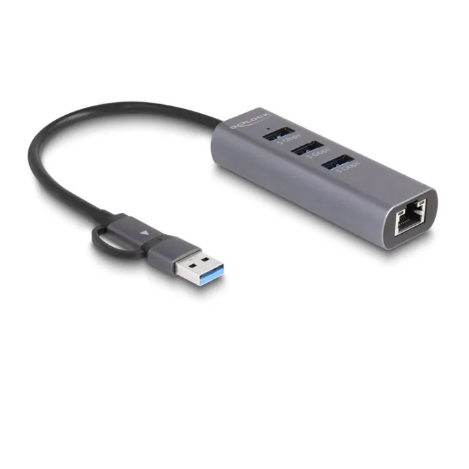 DELOCK 3-Port USB 5 Gbps Hub + Gigabit LAN with USB-C or USB-A host connector - Grey metal housing — image 2