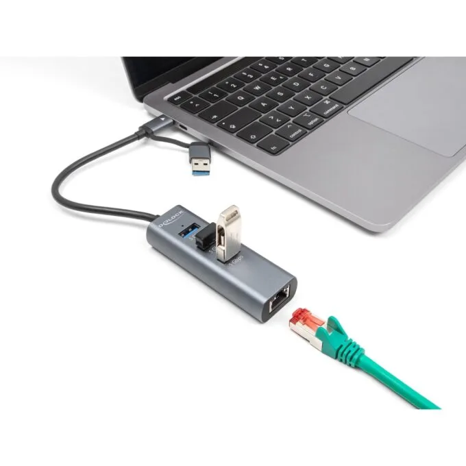 DELOCK 3-Port USB 5 Gbps Hub + Gigabit LAN with USB-C or USB-A host connector - Grey metal housing — image 3