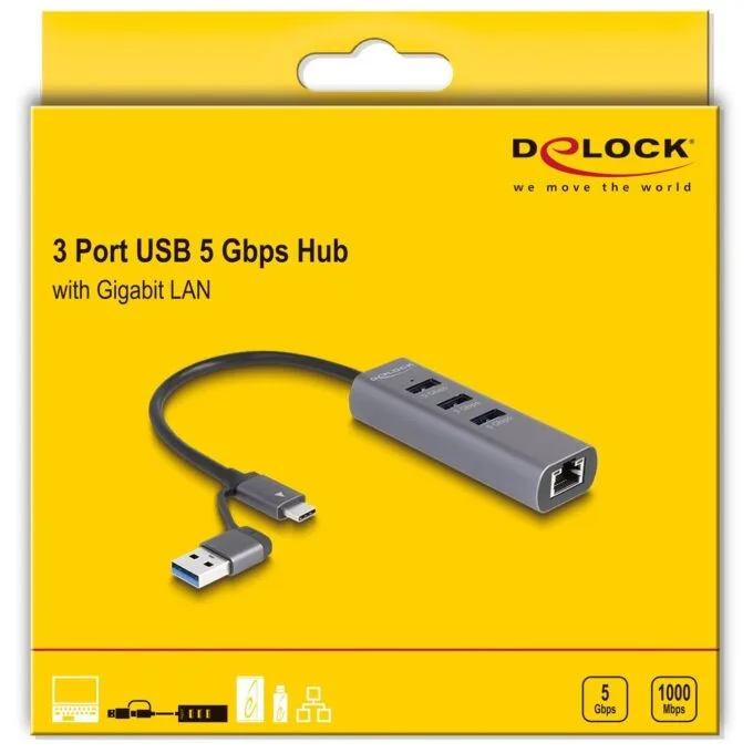 DELOCK 3-Port USB 5 Gbps Hub + Gigabit LAN with USB-C or USB-A host connector - Grey metal housing — image 4