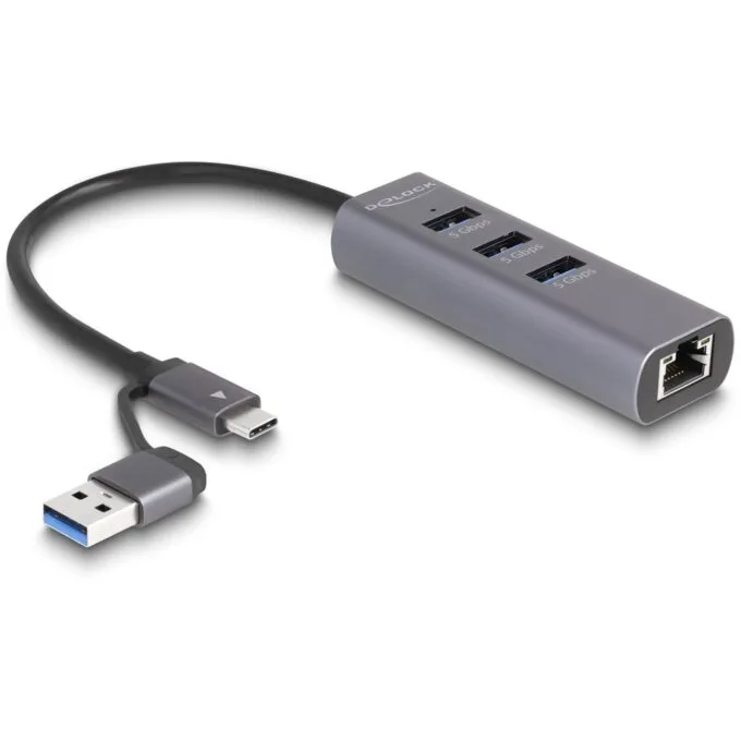 DELOCK 3-Port USB 5 Gbps Hub + Gigabit LAN with USB-C or USB-A host connector - Grey metal housing — image 1