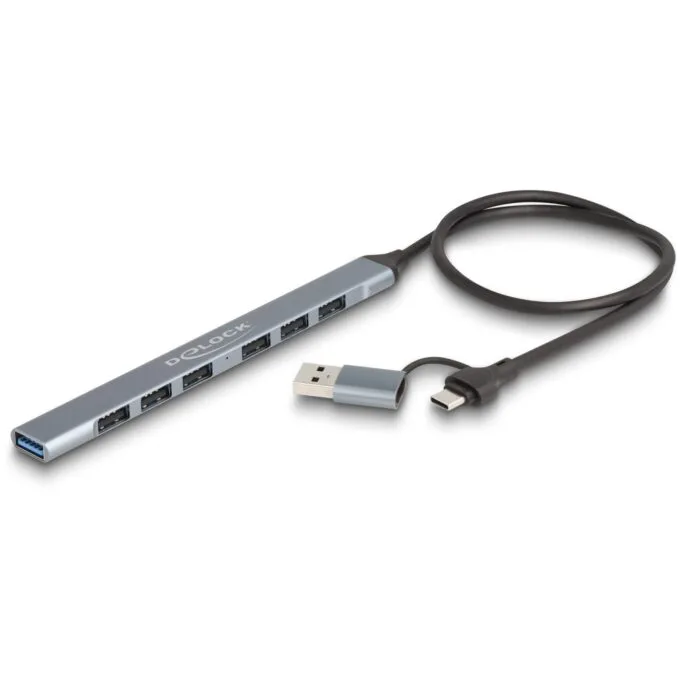 DELOCK 7-Port Slim USB Hub with USB-C or USB-A: 1x USB 5 Gbps Type-A + 6x USB 2.0 Type-A — image 1