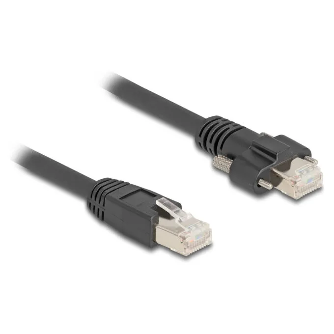 Delock Kabel RJ45 Stecker zu RJ45 Stecker mit Schraubenabstand 20 mm für GigE Kamera Cat.6A S FTP 1 m schwarz — image 1