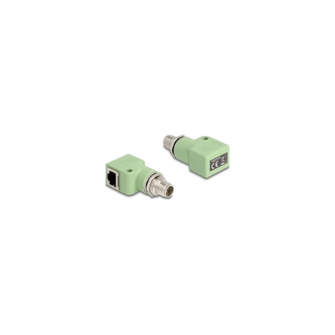 Delock M12 Adapter X-kodiert 8 Pin Stecker zu RJ45 Buchse Cat.5e mit Befestigungsloch 90° gewinkelt grün — image 1