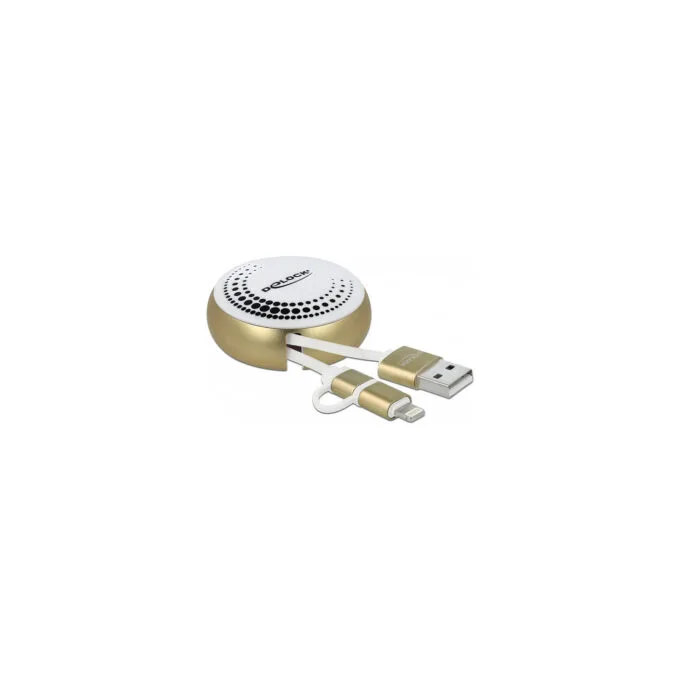 Delock USB 2 in 1 Aufrollkabel Typ-A zu Micro-B und LightningTM weiß gold — image 1