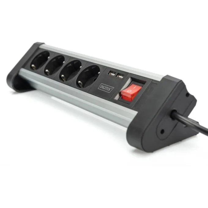 Digitus 4-Port Power Strip with 2 USB-A Ports and Switch - Black Silver — image 3