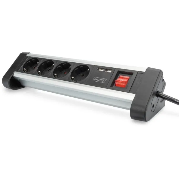 Digitus 4-Port Power Strip with 2 USB-A Ports and Switch - Black Silver — image 1