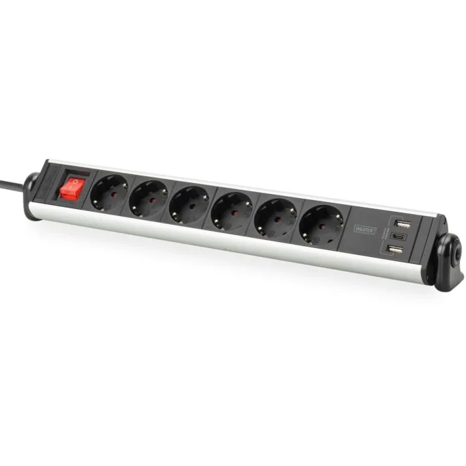 Digitus 6-Port Power Strip with 2x USB-A, 1x USB-C and Switch - Color Black/Silver — image 1