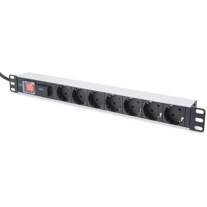 DIGITUS 7-Outlet Power Strip with 2m Lead - Type F Schuko - Silver Aluminium, On/Off Switch — image 1