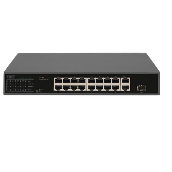 DIGITUS Switch 16-Port 10/100/1000 PoE - Black - Unmanaged, 1 SFP/Combo uplink, 32 W PoE per port, 1U rack-mount — image 3