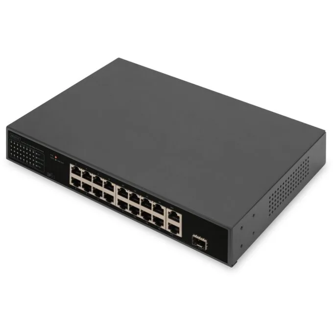 DIGITUS Switch 16-Port 10/100/1000 PoE - Black - Unmanaged, 1 SFP/Combo uplink, 32 W PoE per port, 1U rack-mount — image 1