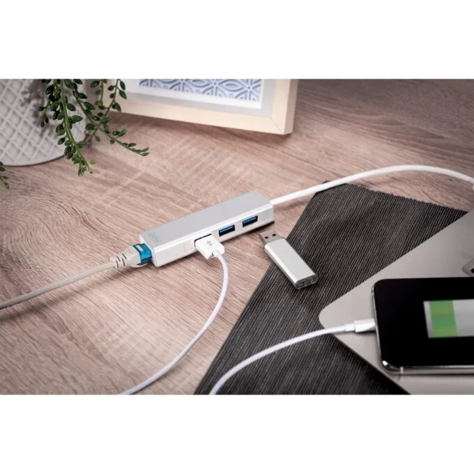 Digitus USB-Hub 3-Port USB 3.0 + 1x Gigabit LAN - Aluminium Silver/White — image 2