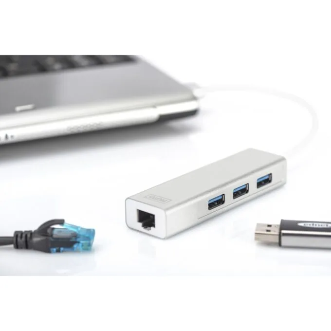 Digitus USB-Hub 3-Port USB 3.0 + 1x Gigabit LAN - Aluminium Silver/White — image 3