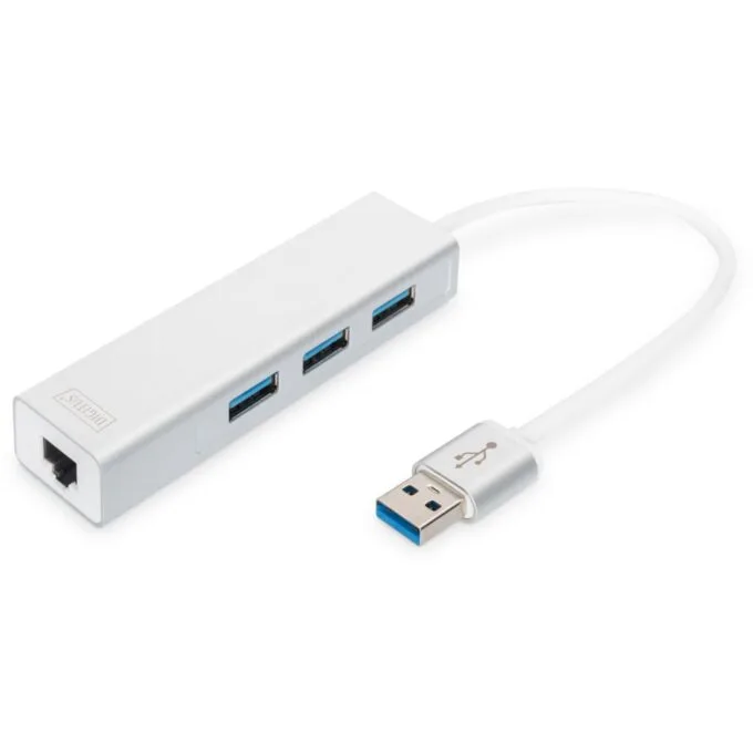 Digitus USB-Hub 3-Port USB 3.0 + 1x Gigabit LAN - Aluminium Silver/White — image 1