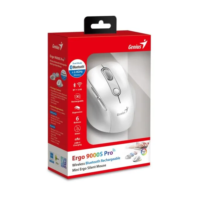 Genius Ergo 9000S Pro 31030039400 Wireless+BT Rechargeable Mini RGB Ergo Mouse White — image 7