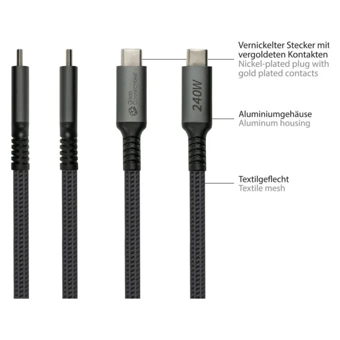 GoodConnections USB-C 2.0 (ST-ST) 0.5m Anschlusskabel Textilmantel 240W Anthrazit — image 4