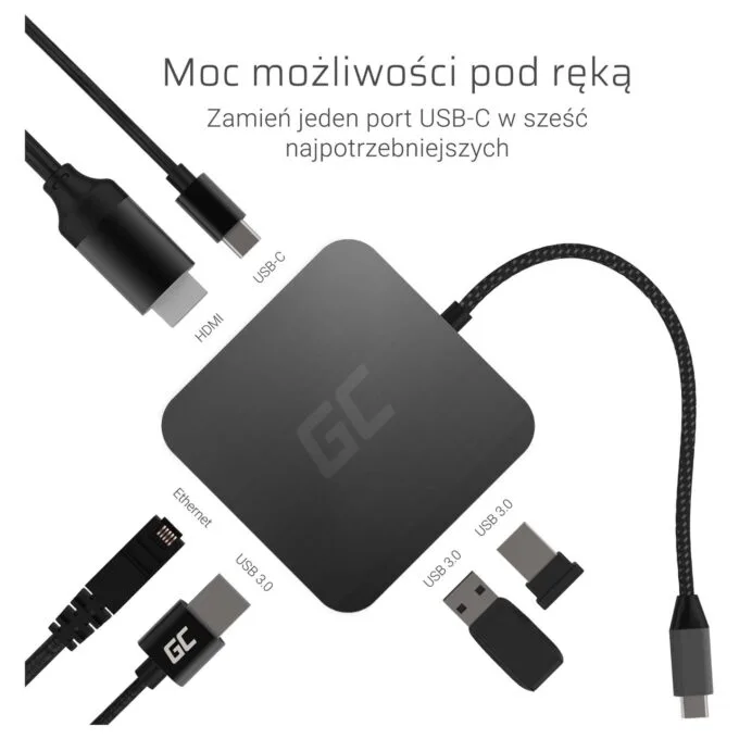 Green Cell AK61 USB-C Hub 6-Port 3xUSB 3.0 HDMI Gigabit Ethernet — image 2