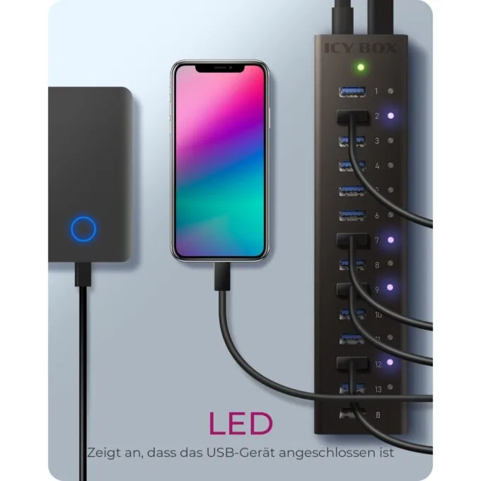 HUB USB 3.0 . 13 Port. +1x Ladeport Aluminium-mit Netzteil ICY BOX — image 2