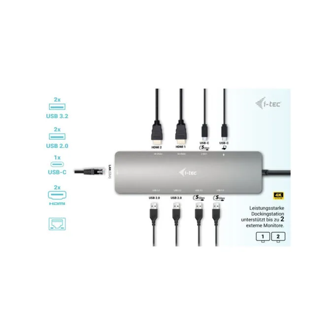 i-tec Metal Nano USB-C Dock - 2×HDMI, 100W Power Delivery, Silver, Dual Display, USB 3.2 Gen1 — image 4