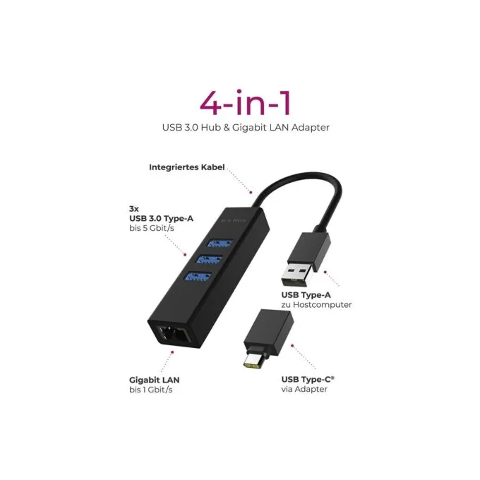 ICY BOX IB-HUB1419-LAN USB 3.0 USB-C HUB 3xUSB 3.0 1xGigabit LAN - IB-HUB1419-LAN - Black Aluminium — image 6