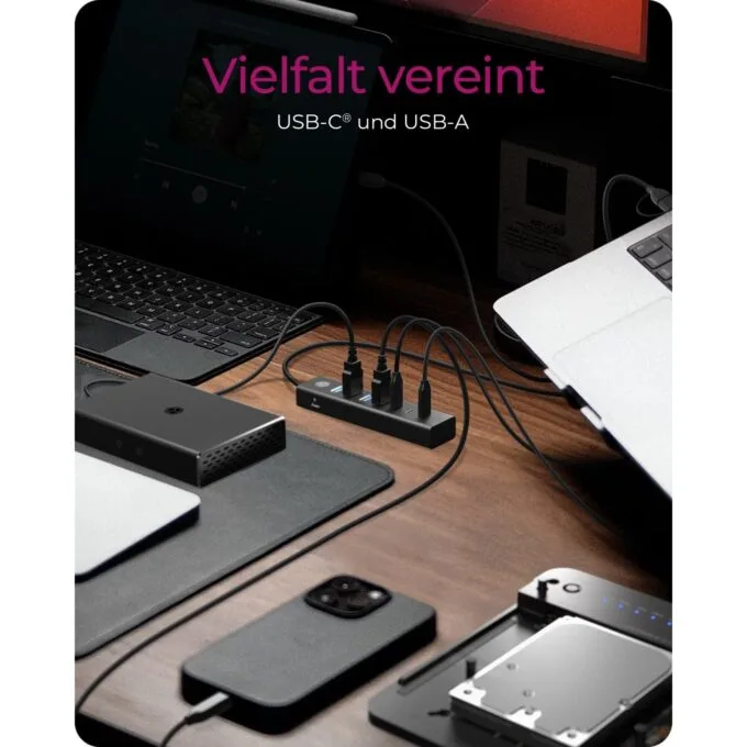 ICY BOX IB-HUB1737-C3 USB-C USB-A 3.2 HUB 7-Port 4xUSB-A 3xUSB-C - IB-HUB1737-C3 - Black, Aluminium, 7-port hub — image 2