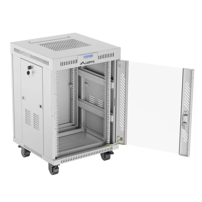 Lanberg Free Standing Cabinet 19'' with Glass Door - 15U, 60cm Ventilation Panel with LCD, 2 Fans & Thermostat Grey — image 1