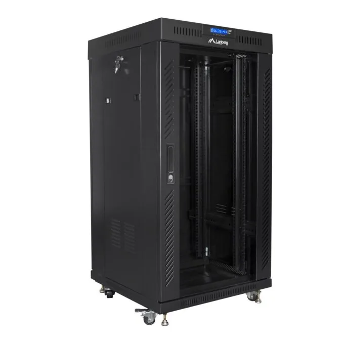 Lanberg Free Standing Cabinet 19'' with Glass Door 22U 60cm Ventilation Panel with LCD, 2 Fans & Thermostat Black (no... — image 1