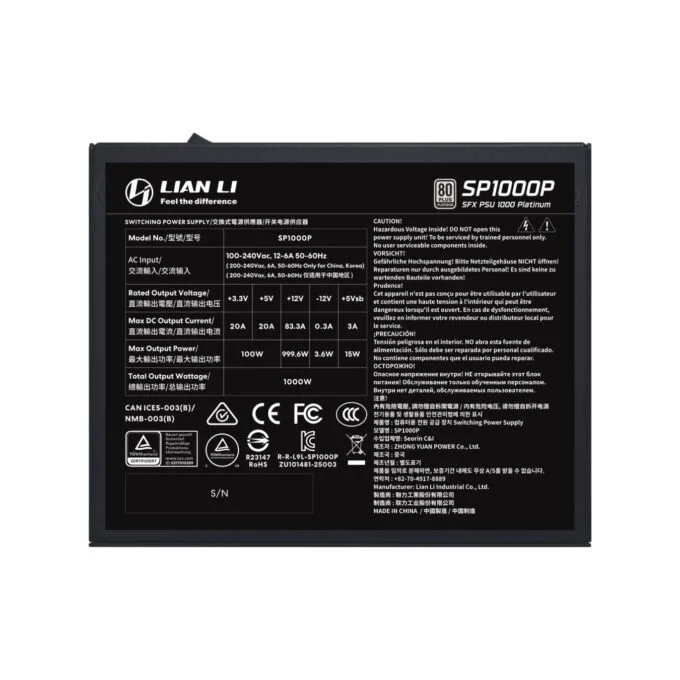 LIAN LI SP1000P 1000W 80+ Platinum SFX PSU - 12V-2x6 Japanese Caps — image 5